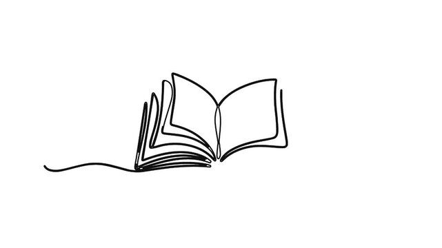 Continuous line drawing of an open book isolated on white background