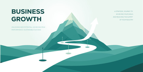 Obraz premium Vector business growth success roadmap mountain concept banner with winding path leading to goal flag on mountain peak. 