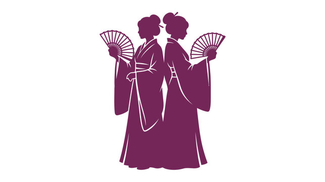 Elegant silhouette of two women in traditional Japanese kimonos with folding fans