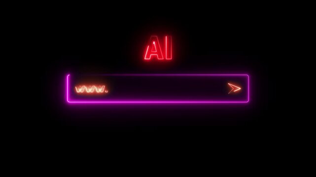 Neon ai search bar interface animation, glowing digital web browser concept, futuristic artificial intelligence technology background