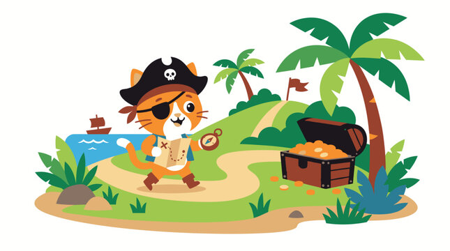 A cute cartoon pirate cat searching for buried treasure on a tropical island.
