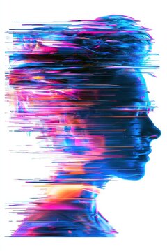 Glitching human profile silhouette with neon digital data streams