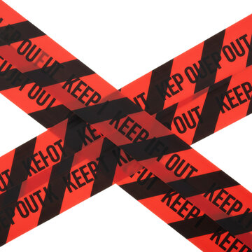 Multiple overlapping red caution tape, bold 'KEEP OUT' text & diagonal stripes on a transparent background, creating an urgent, dynamic barrier. Concept of restriction and warning