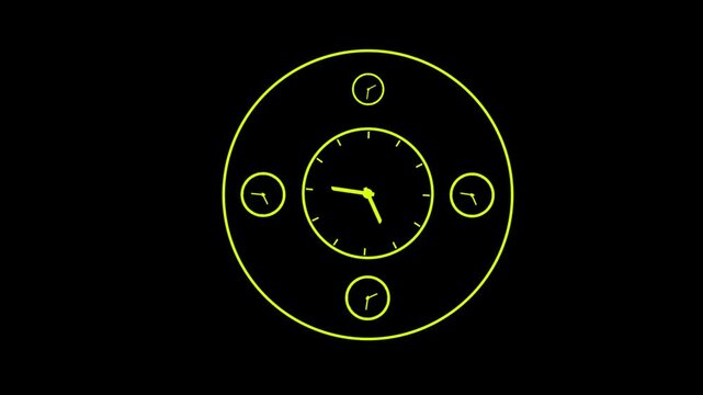 Neon yellow glowing clock with four sub dials set against a dark black background
