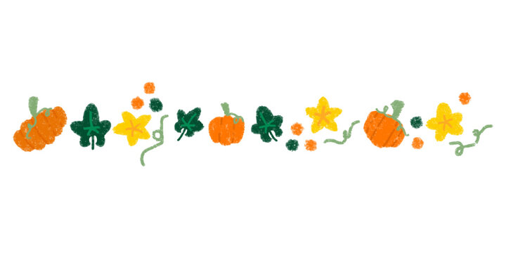 cute hand drawn oil pastel pumkin with yellow flower,  vines, and leaves