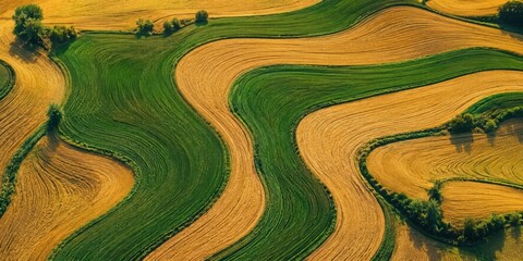 Fototapeta premium Aerial view of rolling agricultural fields with curved green crop rows and golden harvested sections forming flowing patterns across farmland with scattered trees in warm summer light