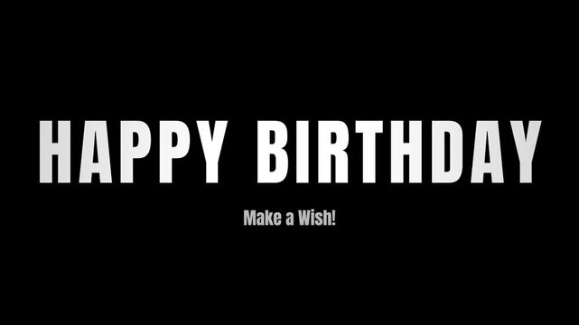 Happy Birthday text animation on black background, white modern kinetic typography, minimal design, motion graphics template with Make a Wish subtitle