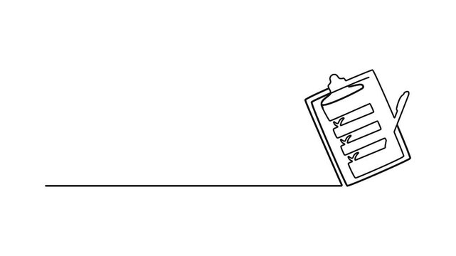 Continuous line drawing of a clipboard with a pen isolated on white background