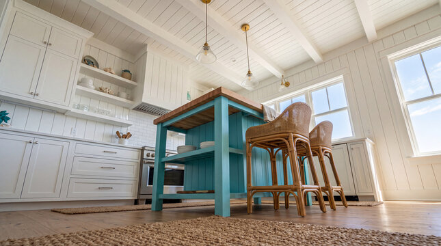 Bright Coastal Kitchen with Blue Island and Wicker Stools