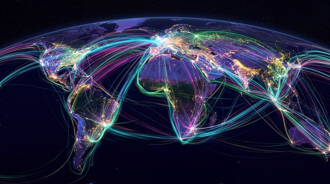 Global Network Connections and Data Lines Across Planet Earth