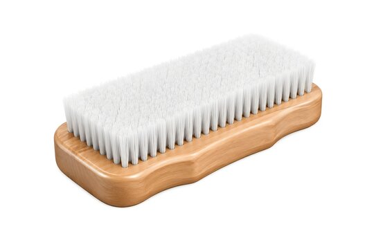 Clean, high-detail vector illustration of a new wooden laundry scrub brush with white bristles. Isolated on a pure white background, featuring a simple and practical everyday cleaning tool in a polish
