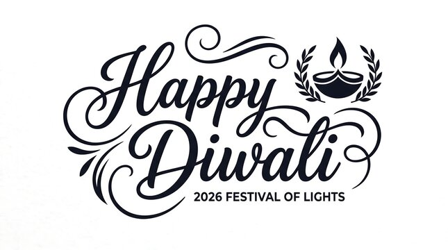 Happy Diwali 2026 calligraphy logo, elegant Festival of Lights typography with diya oil lamp, black ink script on white background
