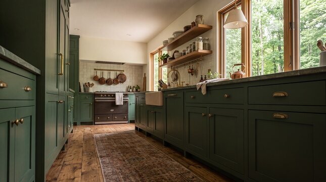 Modern Farmhouse Kitchen Interior with Dark Green Cabinets