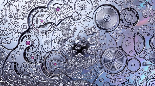 Intricate Watch Movement with Engraved Dragon and Phoenix