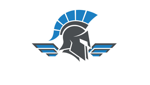 Strong spartan gladiator helmet logo with blue and grey wings representing power, protection, and athletic team spirit.