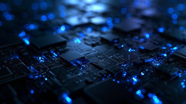 Microchip on Electronic Circuit Board with Glowing Blue Lights