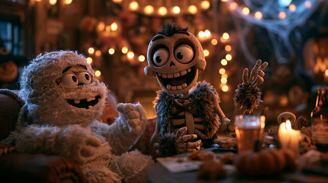 Cute Skeleton and Mummy Monsters Celebrating Halloween Party