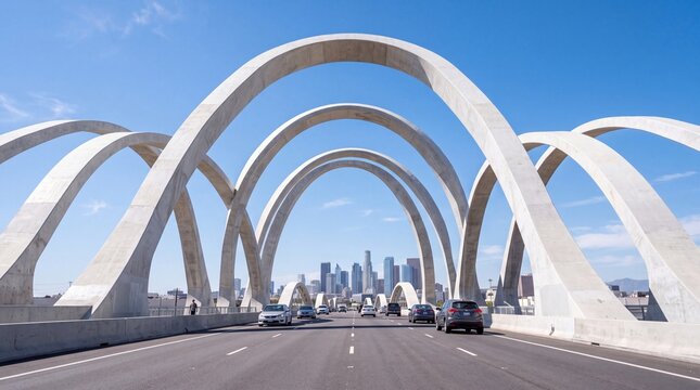 Sixth Street Viaduct Bridge Facing Downtown Los Angeles Skyline