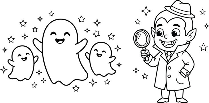 Cute cartoon ghost hunter with magnifying glass, funny spirits with stars, black and white line art, outline drawing for coloring book pages, halloween holiday design
