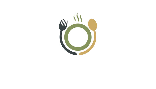 Minimalist restaurant logo design featuring a green plate with steaming food symbol fork and spoon icons for dining service.