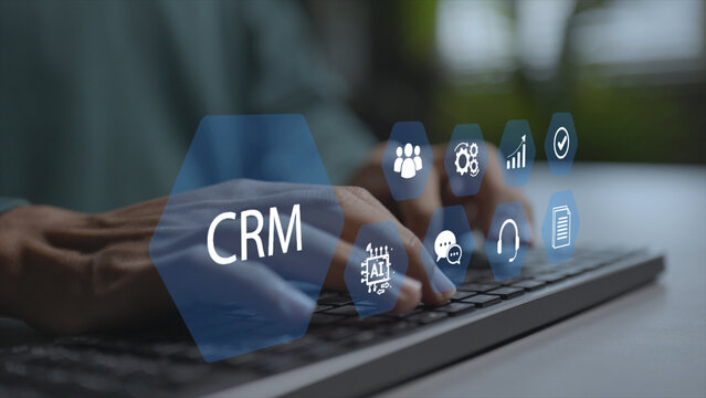 CRM automation concept. Person typing keyboard with customer profile, automated message funnel and gear icons, smart client relationship management and sales workflow.
