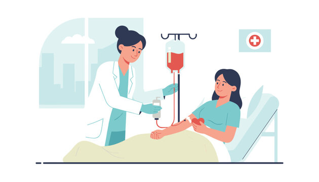 Medical nurse caring for a female patient in a hospital bed with an iv drip and a cross symbol in the clinic room.