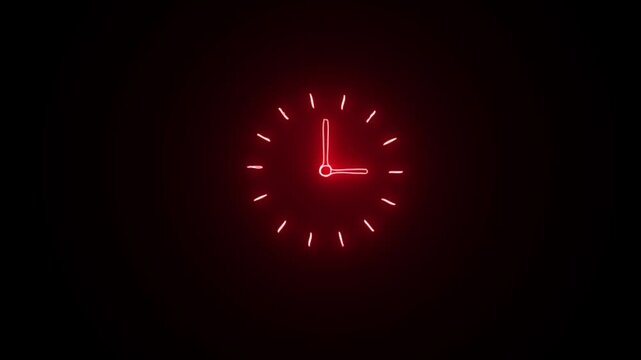 Glowing red neon clock face on solid black background for minimalist time concept