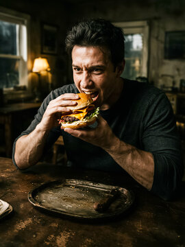 A hungry man with an intense expression about to take a large bite of a juicy cheeseburger in a rustic, dimly lit tavern.
