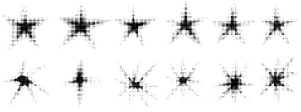Star dot halftone set with soft grunge sparkle shapes and pointed rays. Black blurred forms fade through pixel texture. Vector stars circle gain patterned for poster layout or social media post