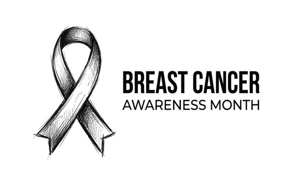Hand drawn sketch illustration of a pink ribbon symbol representing the annual breast cancer awareness month campaign