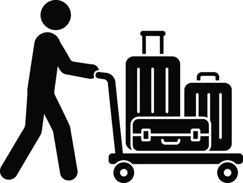 Travel Luggage Icon: A simple black silhouette icon depicts a traveler pushing a cart laden with several suitcases, symbolizing the journey and logistics of travel.