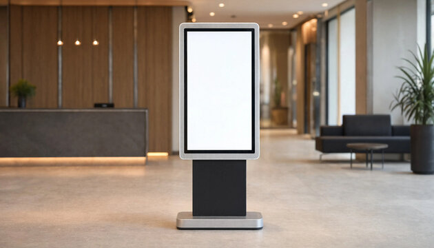 Modern interactive digital display kiosk standing in a spacious corporate office lobby