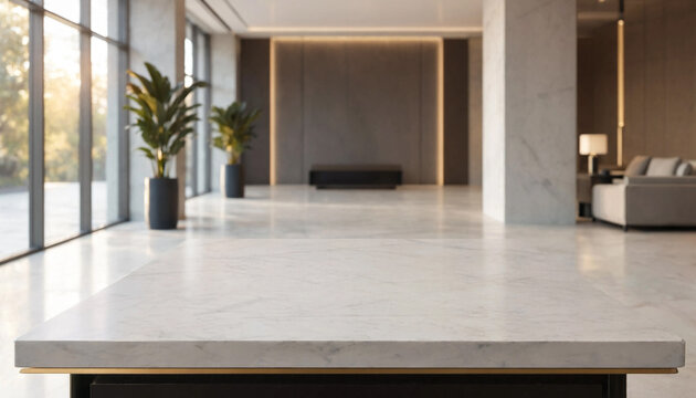 Modern luxury hotel lobby interior with empty white marble top table foreground