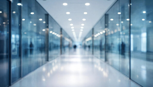 Modern office hallway with glass walls and bright ceiling lights leading forward