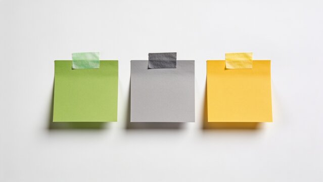 a minimalist layout with three square sticky notes aligned horizontally against a plain white background. Each note is distinct in color: the left note is green, the middle note is gray, and the right