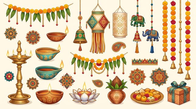 Traditional Diwali Festival Elements Illustration Set with Diya Lamps Marigold Garlands and Sweets for Holiday Decor