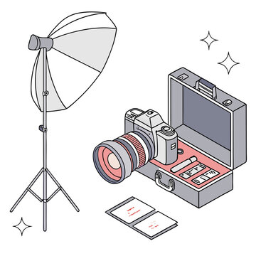 Studio lighting setup with softbox, camera, and light meter on tripod
