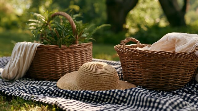 Two woven baskets and a straw hat rest on a checkered picnic blanket in a sunlit garden setting
