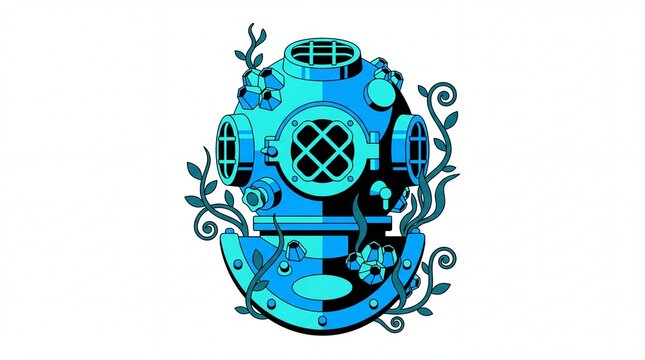 Stylized deep sea diving helmet flat vector illustration with barnacles and seaweed