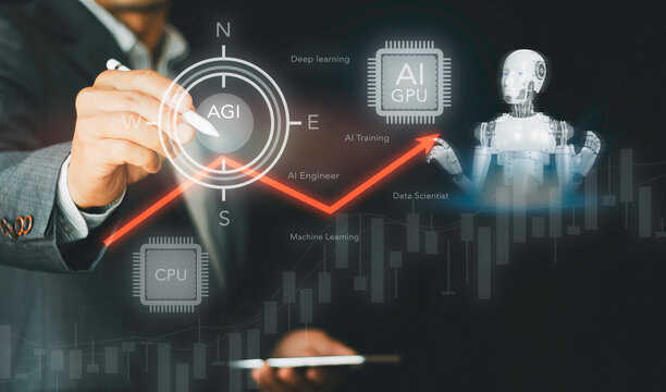 Businessman pointing compass to AGI artificial general intelligence concept. AI GPU chip, deep learning, machine learning, stock graph investment, humanoid robot, and data science.