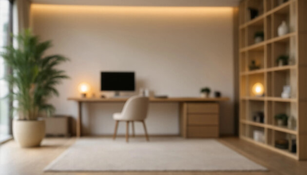 Blurred view of a modern minimalist home office interior with desk and bookshelf