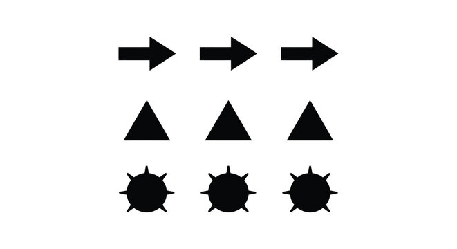 Black arrow triangle and starburst shapes on a white background