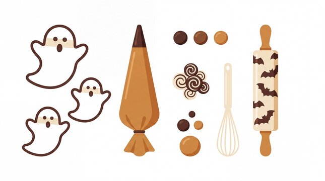 Halloween baking kit flat vector illustration with ghost cutters piping bag and bat rolling pin
