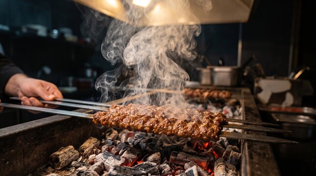 Chef cooking traditional Turkish Adana kebab on metal skewers over a hot charcoal grill with rising smoke