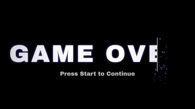 Game over text animation with scanline reveal, modern retro gaming screen message on black background, press start to continue arcade style user interface design