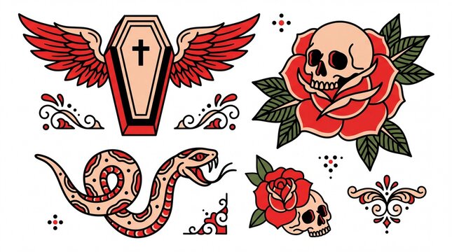 Traditional american tattoo flash sheet vector illustration with winged coffin skull and serpent