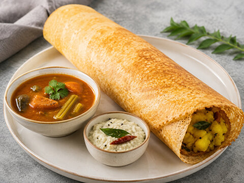 South Indian Breakfast Pair with Masala Dosa Sambar and Coconut Chutney