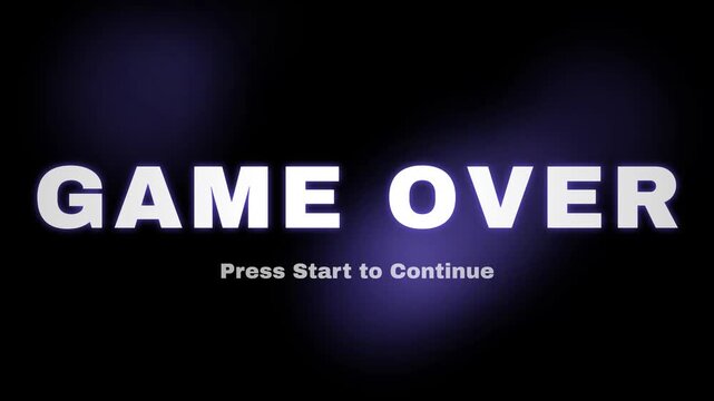 Game over text animation with press start to continue prompt, glowing purple lights on black background, retro video game style screen, loopable gaming graphic