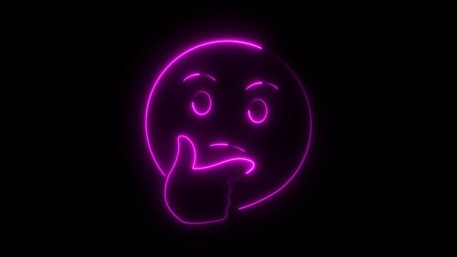 Neon thinking emoji animation, glowing purple pondering face symbol for social media and digital communication