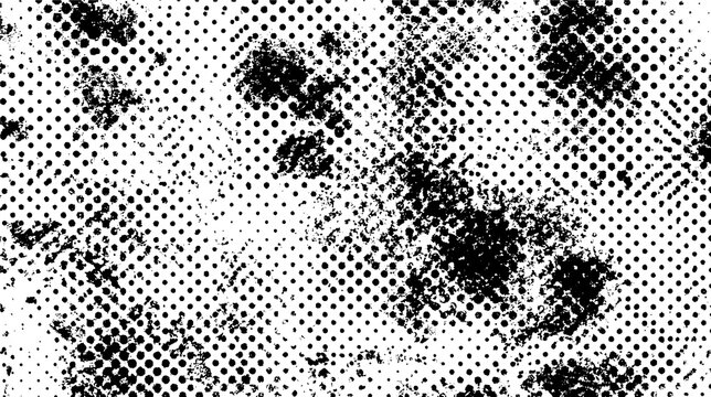 Abstract halftone texture pattern. Rough mottled stains of dense dots decay randomly into a fine raster grid for a corrosive print style.